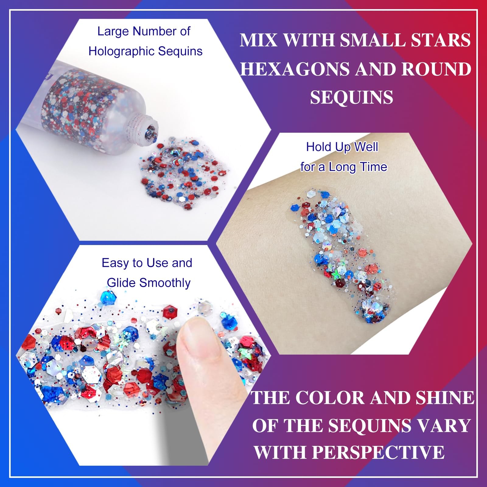 Red White and Blue Face Glitter,4th of July Patriotic Accessories,Star Hair Glit