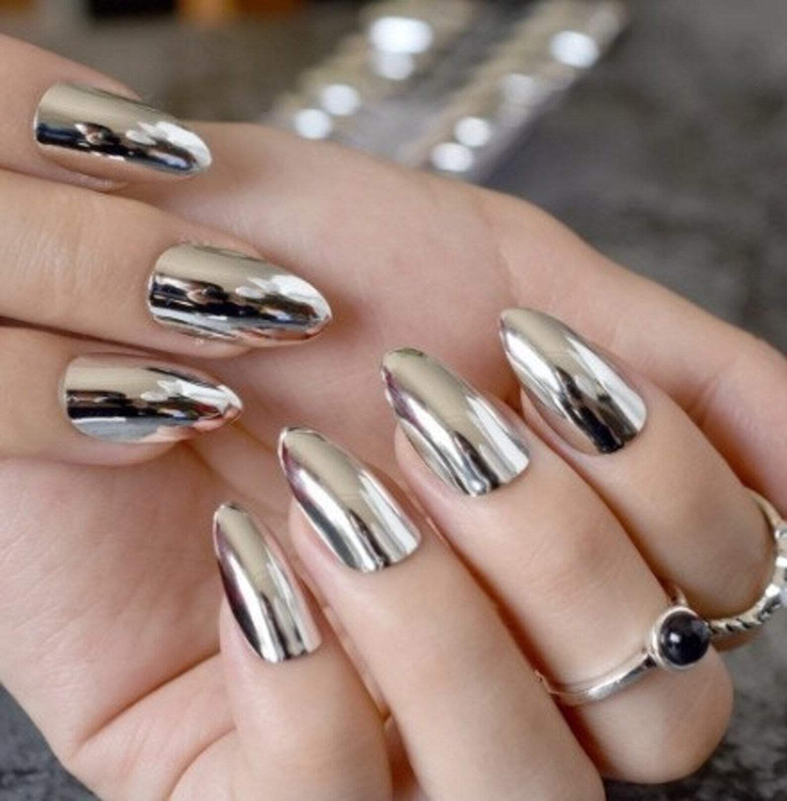 Silver Mirror Design Metallic Stiletto Long Artificial Press On False Nails Set