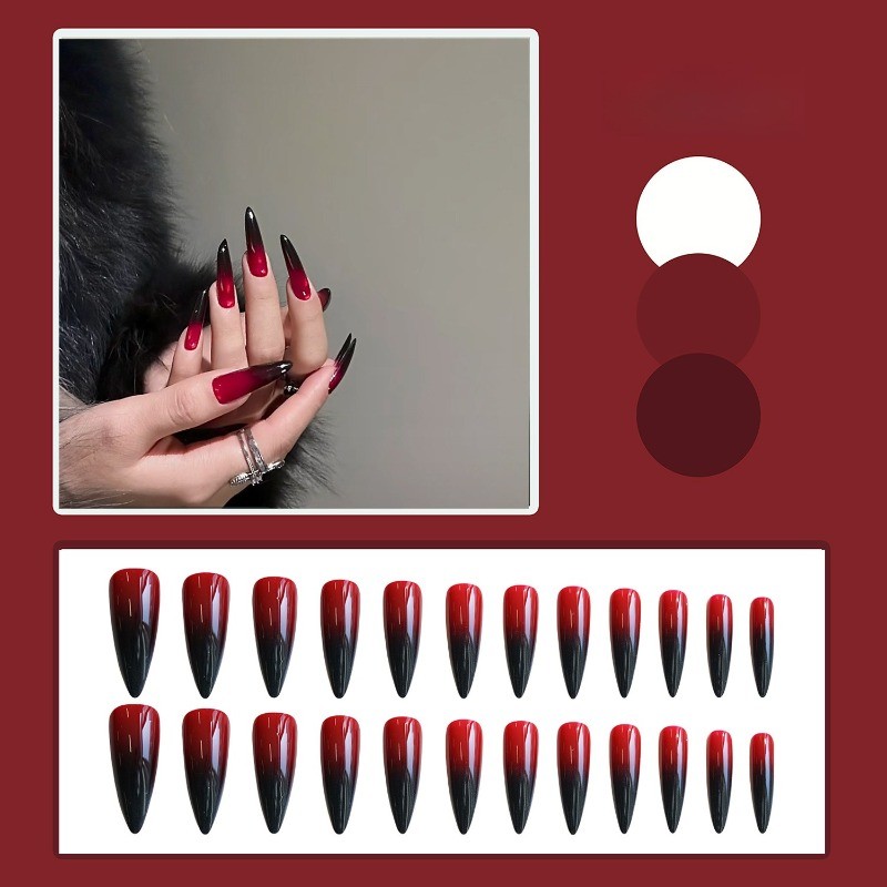 48Pcs-Long Stiletto Red Black Reverse Gradient Glossy Press on Nails