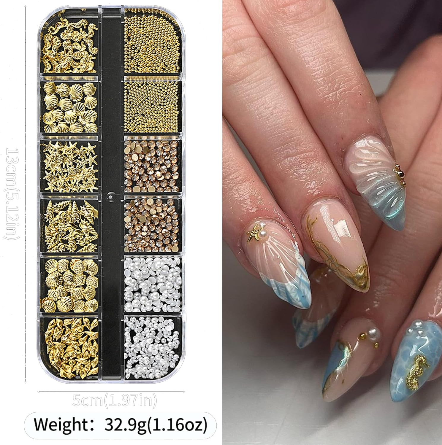 12Grids Summer Metal Nail Art Charms 3D Gold Starfish Shell Conch Nail Charms Sp
