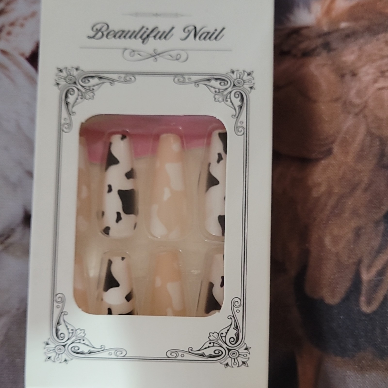 Beautiful Nail Long Coffin Full Cover Glossy Press-On Artificial Nails Cow Print