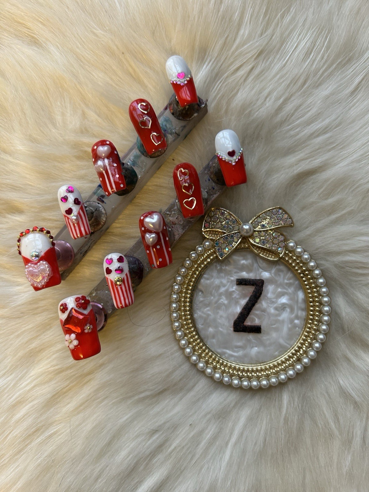Z NAILZ! Handmade M Coffin Love/Valentine’s Day Red & White 3D Press On Nails