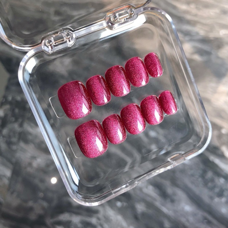 10Pcs-Short Round Vibrant Magenta Cat Eye Glossy Press on Nails