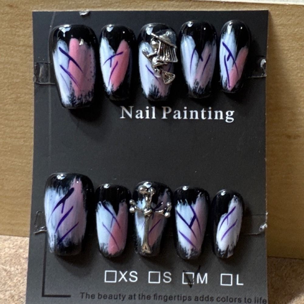 Gothic Abstract Press On Nails Coffin Medium Black Pink Silver Cross Charms Set