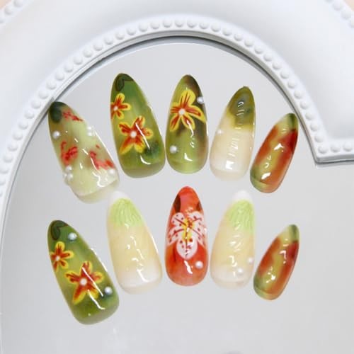 24Pcs Colorful Flowers Press on Nails Medium Almond Fake Nails 3D Floral-3