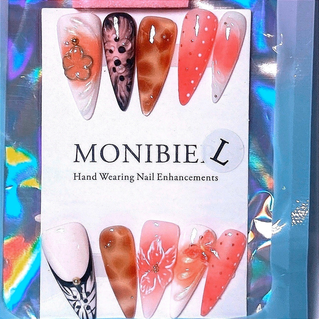 MONIBIER Pink Brown Animal Print Floral Press On Nails Coffin Large
