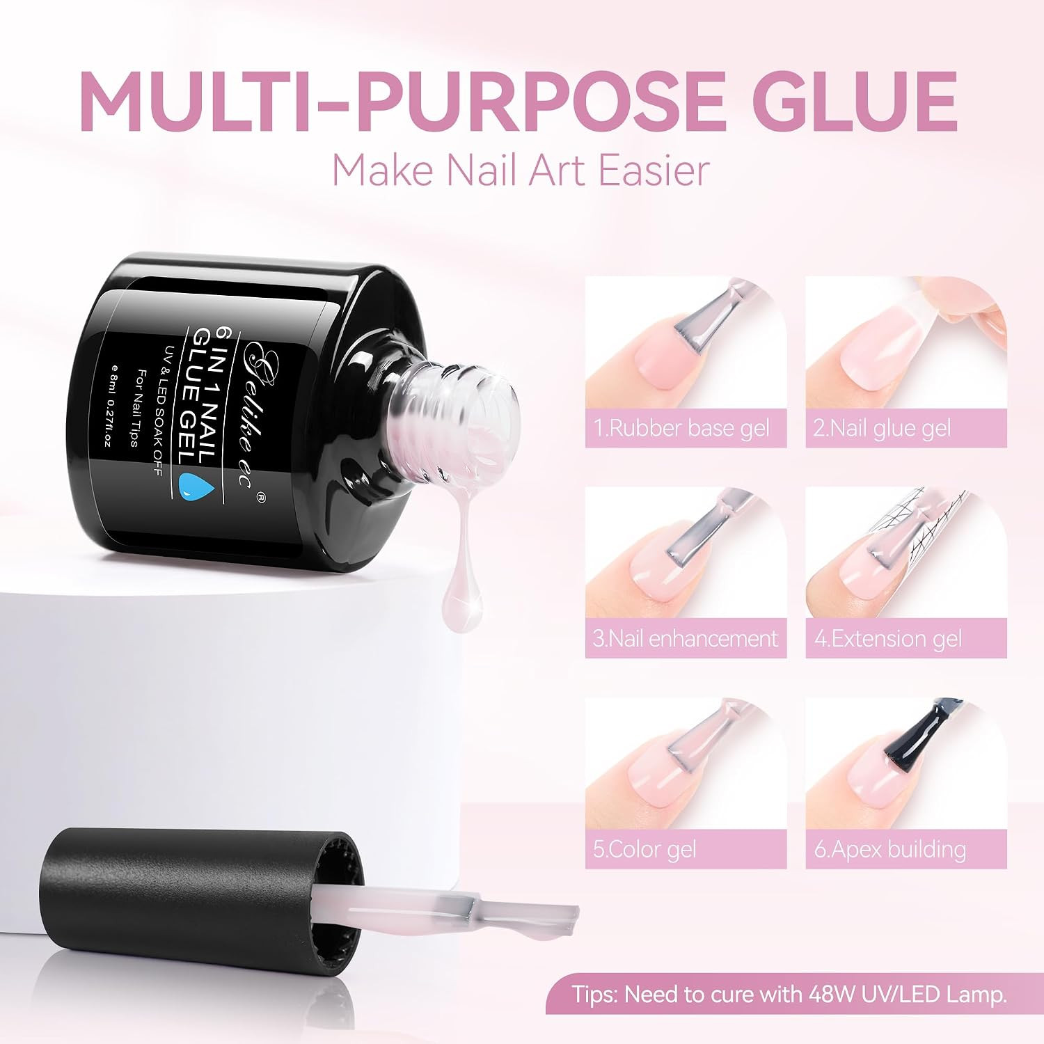 Gelike Jelly Nail Glue Gel: Sheer Baby Pink Rubber Base for Natural Nails | 6-In