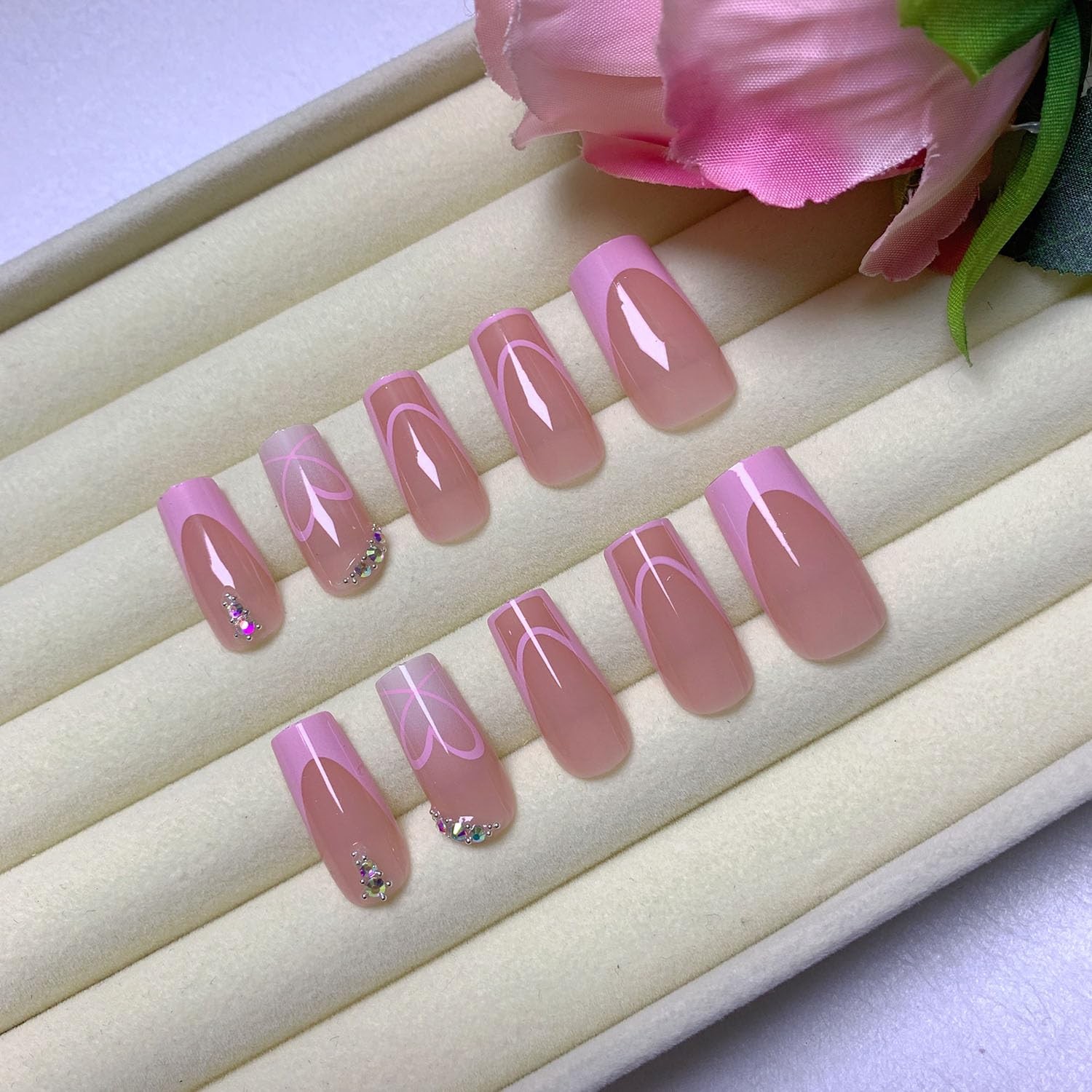 Medium Press on Nails Square Glue Nail Light Pink Medium, Pink-2