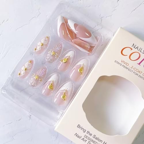 3D Press on Nails Almond Medium Length Embossed Flower Fake Nails with style-23
