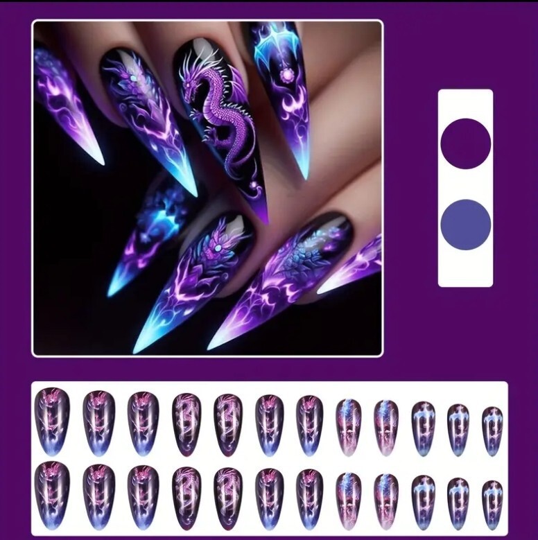 24 PCS Press-On Nails: Blue and Purple Dragon Holographic Long Nails
