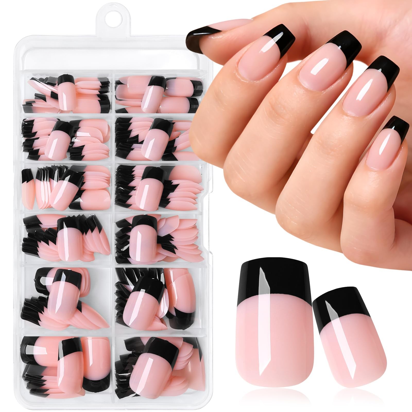240pc Black French Tip Press on Nails Medium Square Fake Nails, French Nails …