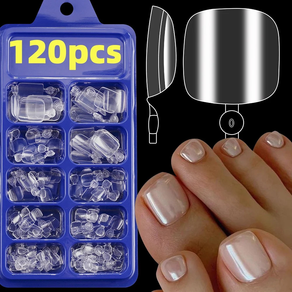 120pcs Press On Toenails Pink French Tip Short Square Glossy Finish False Foot