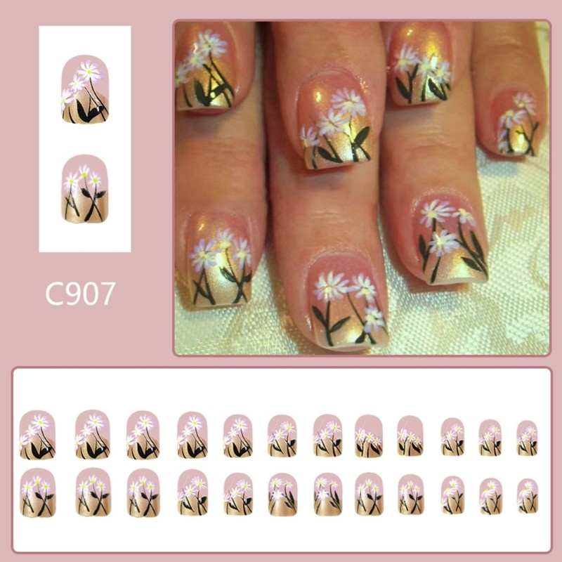 24 Pieces Short Square On Nail Flowers Full Cover Press on Nail For Girls