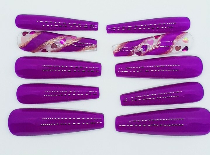 XXL Long Purple Nails Coffin Ballerina Gold Pink Hearts Love-Clearance