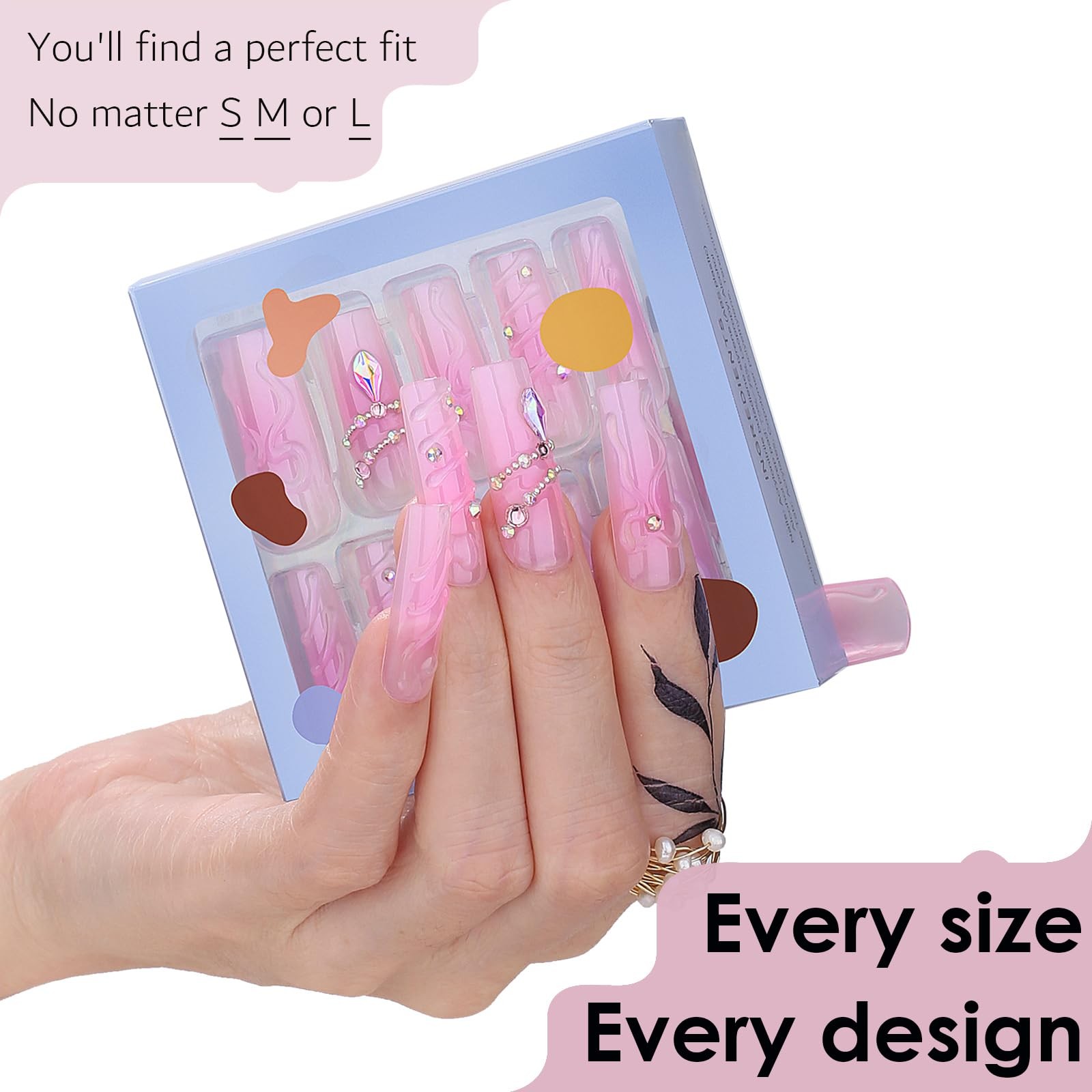 Pink Blush Floral Press On Nails Long Square Fake Nails 3d Gel Elegent Bow Ri…