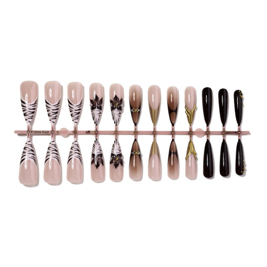 48pcs-Nude Press on Nails Black Gold Accent Floral French Tip Stiletto Set