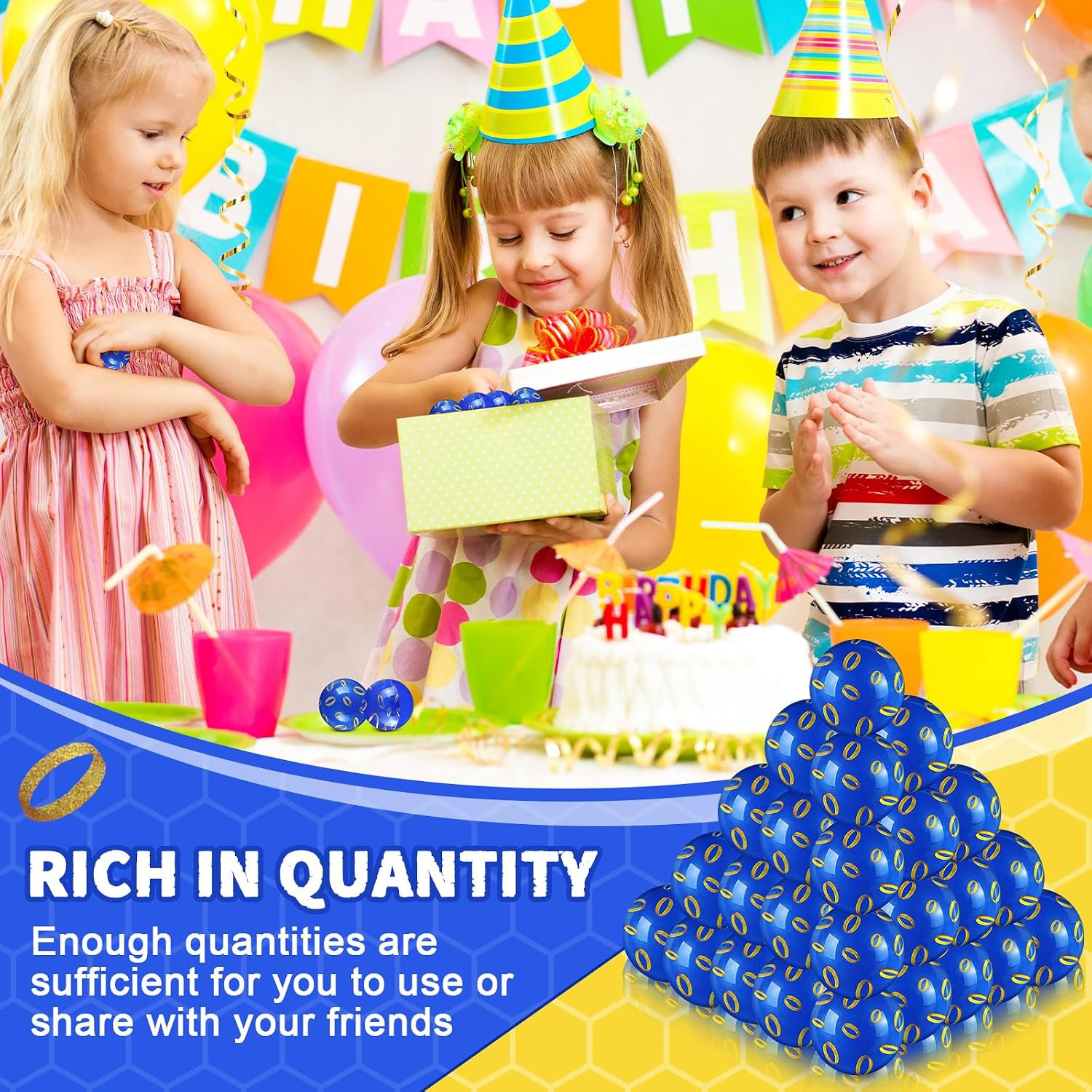24 Pcs Blue & Gold Ring Bouncing Balls 35Mm Party Favors for Kids