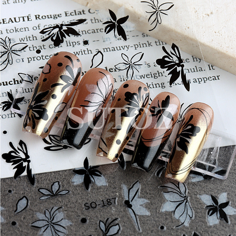 Silver Black 3D Nail Stickers Butterfly Knot Star Flower Transfer Decals NH6