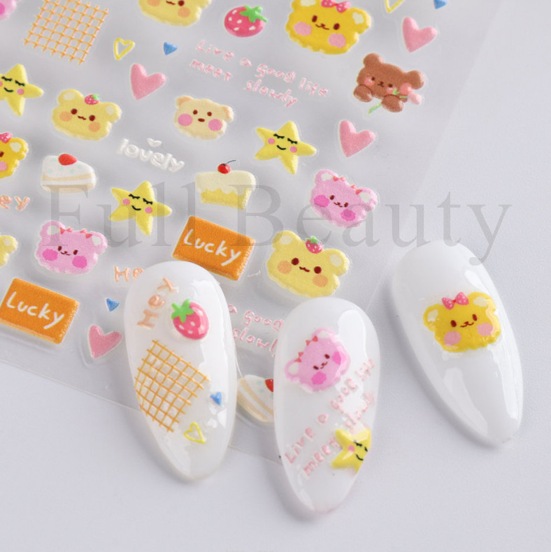 5D Embossed Star Heart Flower Bunny Cat Daisy Fingers Toe Nail Art Stickers NS25
