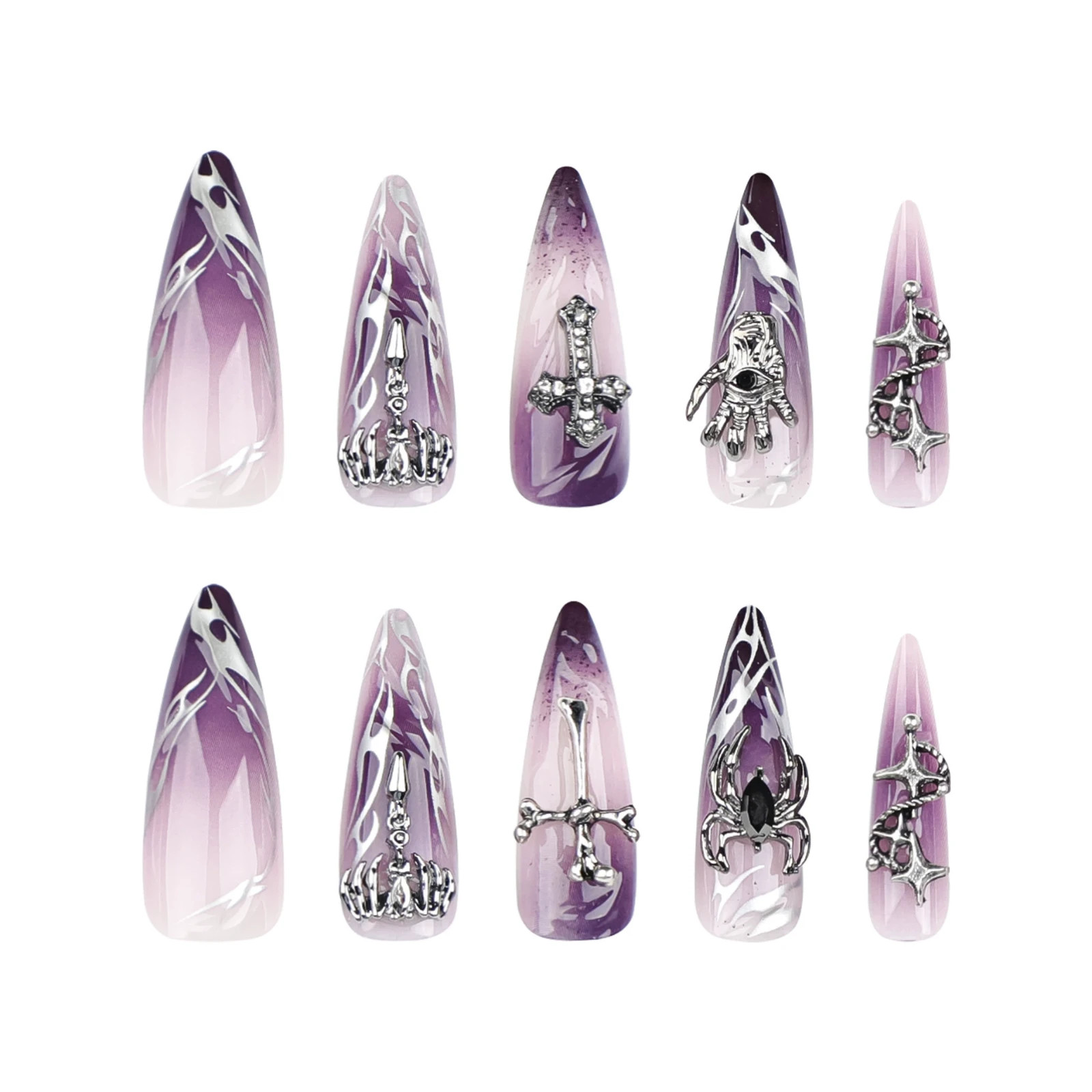 2025 Ins Gothic Style press on nails with 3D Sliver Metal Cross, Long Stiletto