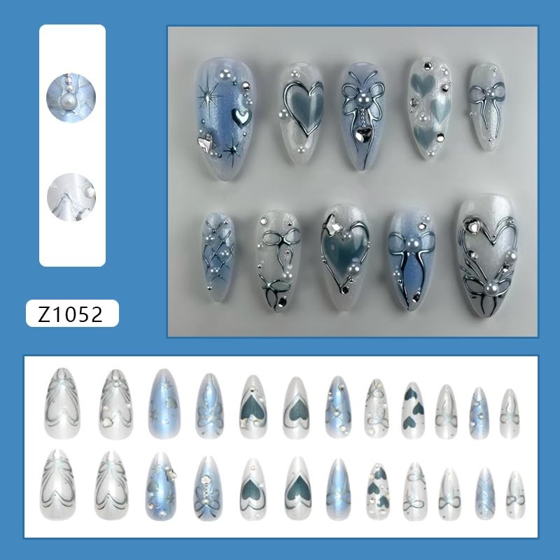 24Pcs Blue Ombre Press on Nails Medium Almond Fake Nails Heart Fake Nails – 33