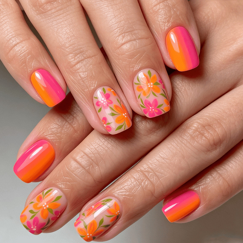 48Pcs-Short Square Bright Pink Orange Gradient Floral Summer Press on Nails Set