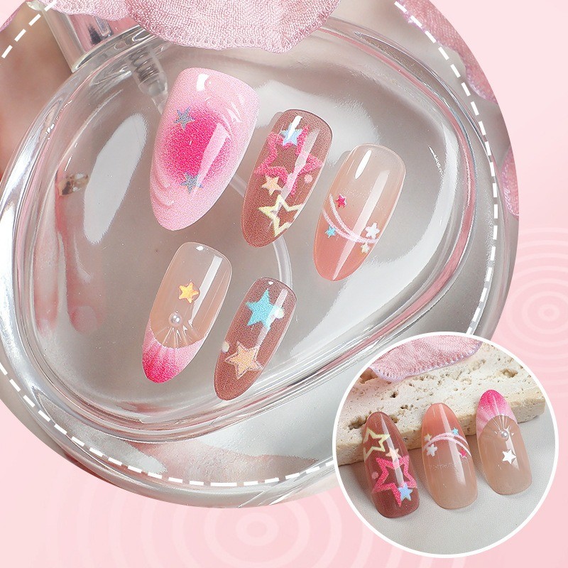 60Pcs-Pink Ombre Star Shell Almond Press on Nails Y2K Cute Daily Fake Nails
