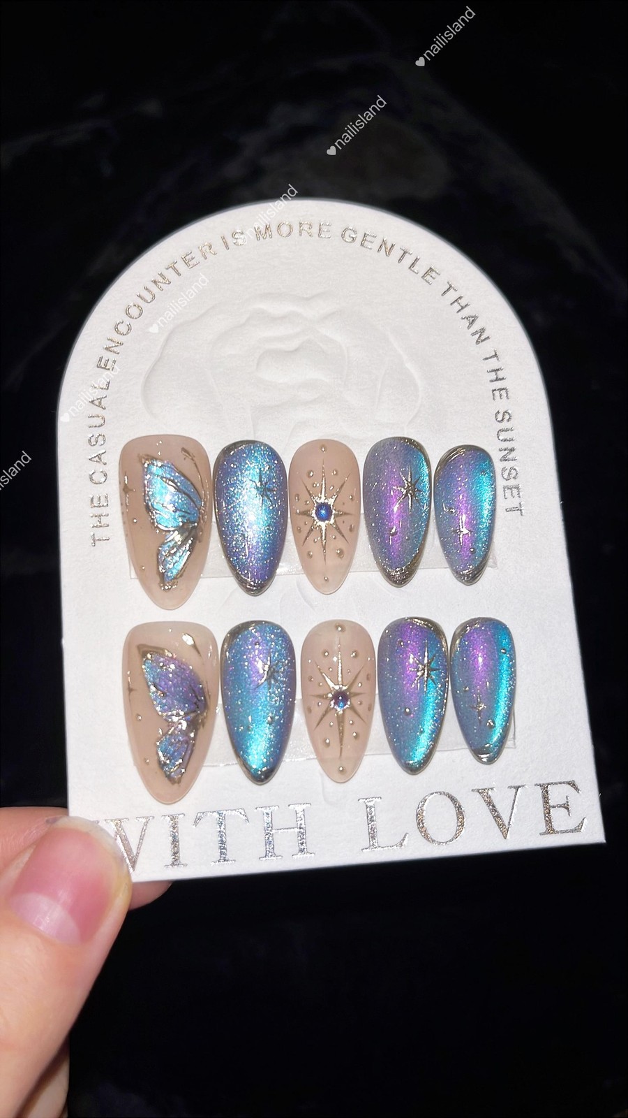 Handmade Iridescent Cat Eye Butterfly Rhinestone Medium Almond Press on Nails