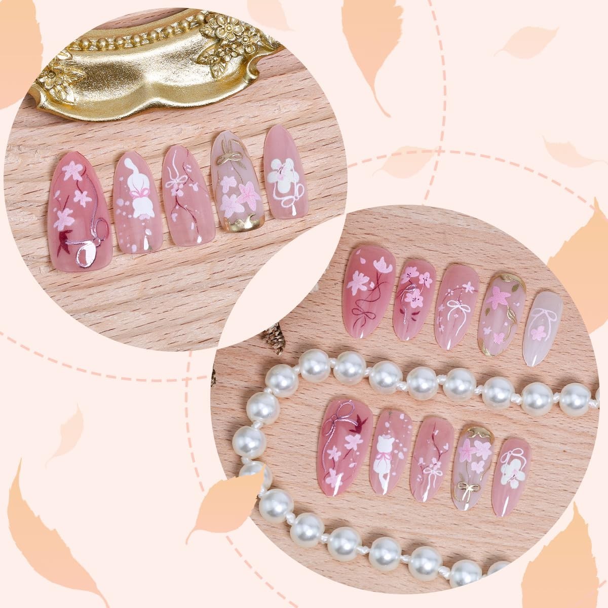 30Pcs Pink Flower Press on Nails – Gorgeous Almond Shape with Bow Design