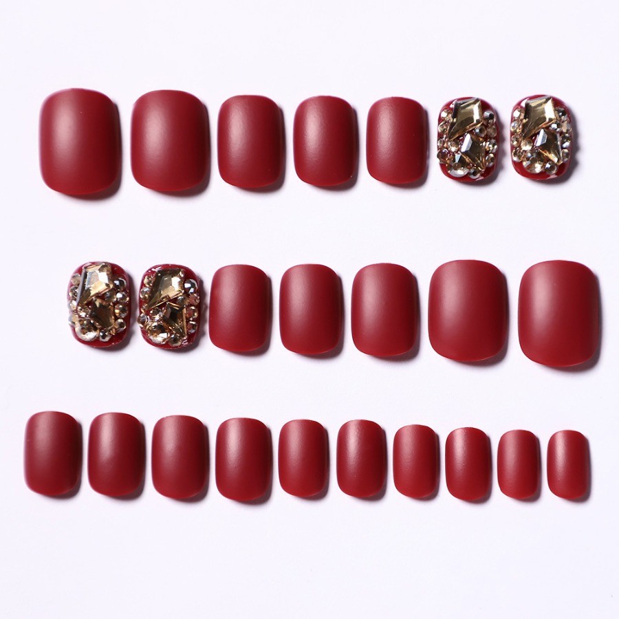 48pcs-Matte Red Press on Nail, Medium Square with Ornate Gold Rhinestone Details