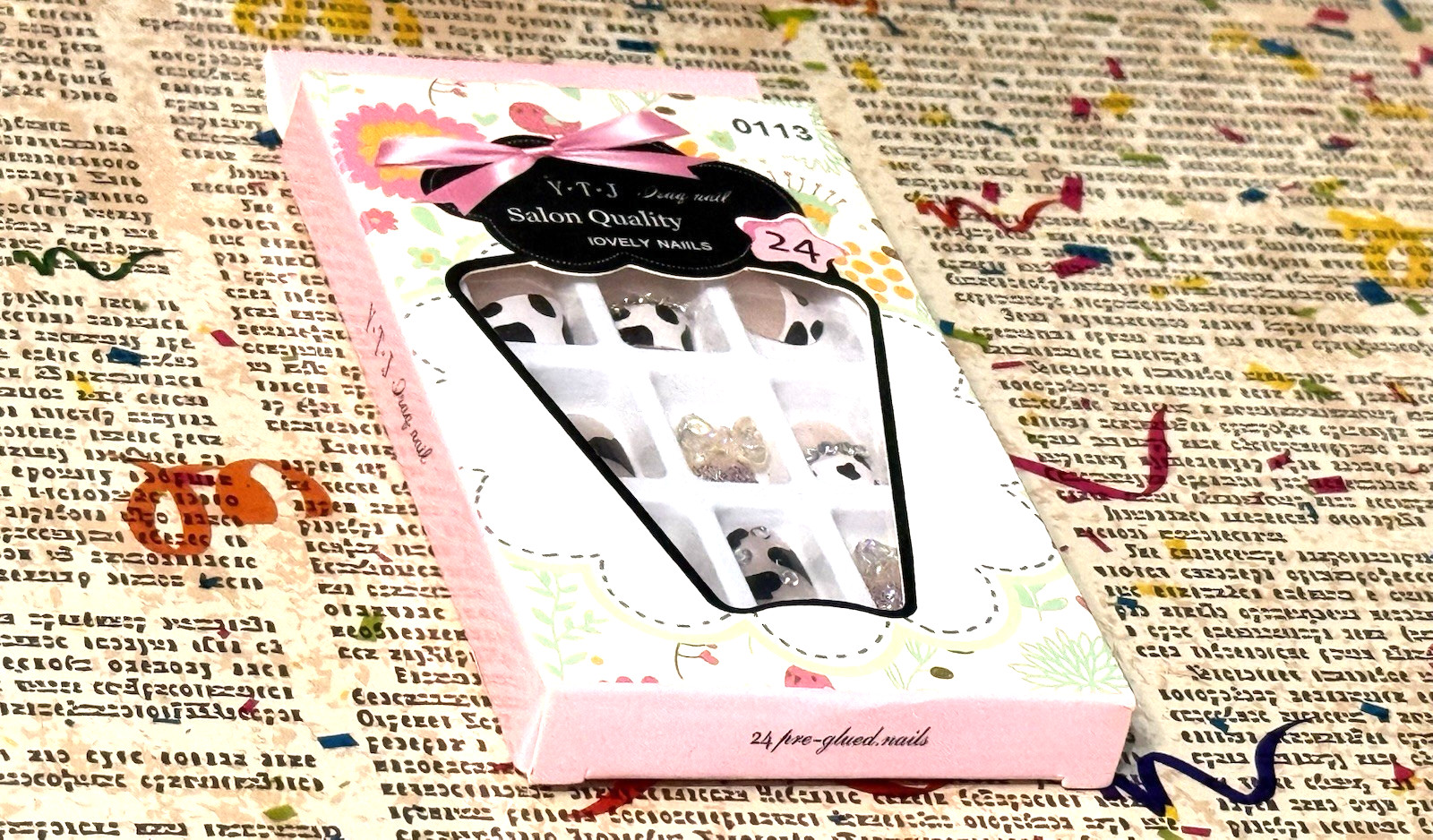 YTJ Salon Quality Lovely Press On Nails HEART & COW PRINT FRENCH TIP with BOWS