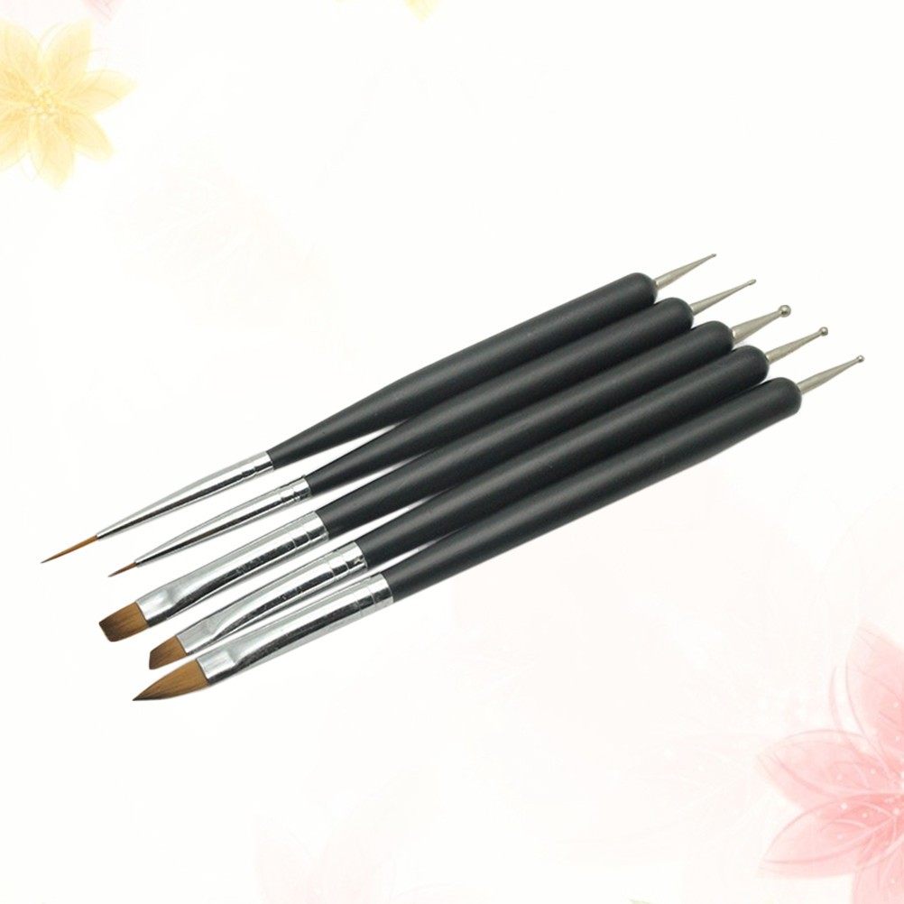 5Pcs Manicure Pen Set Double End Nail Brush and Carving Tip Black for Nail Art
