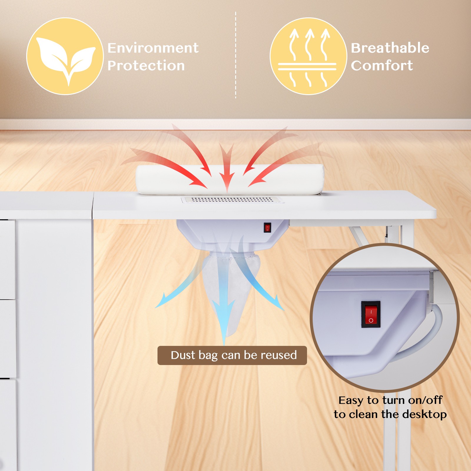 Foldable Nail Table with Dust Collector, Wheels & Multiple Drawers – White