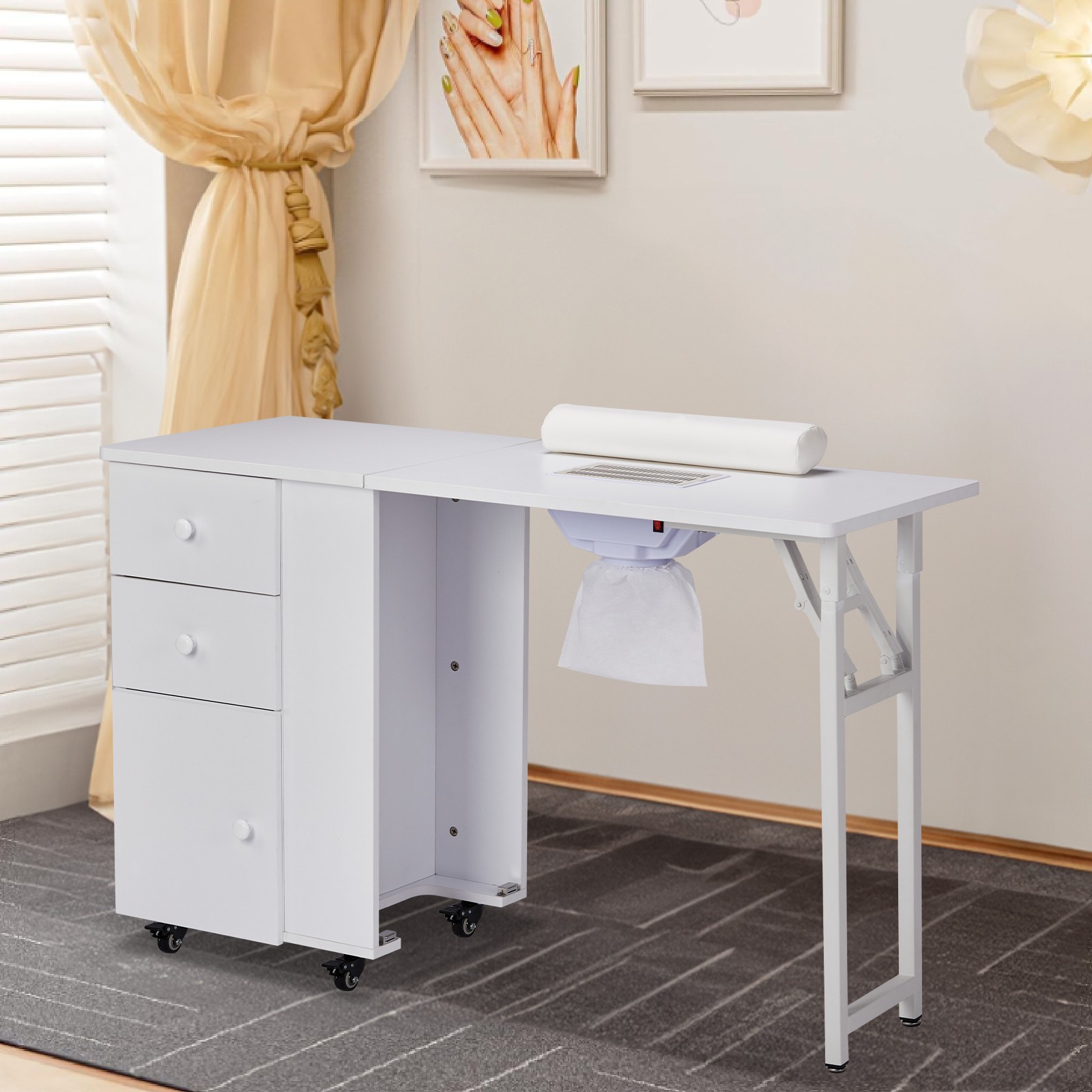 Foldable White Manicure Table Nail Desk Station with Electric Dust Collector NEW