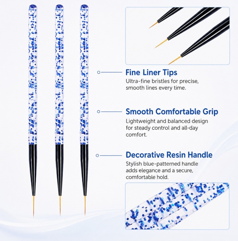 3-Piece Nail Art Liner Brushes Set – Gel Polish Painting Design Brush Pen Kit