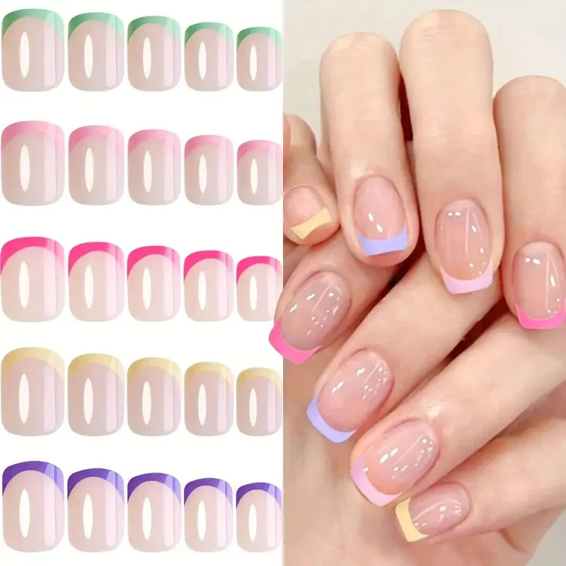 24/120 Short Square Press On Nails, 5 Gradient Colors, Glossy Finish, Full Cover