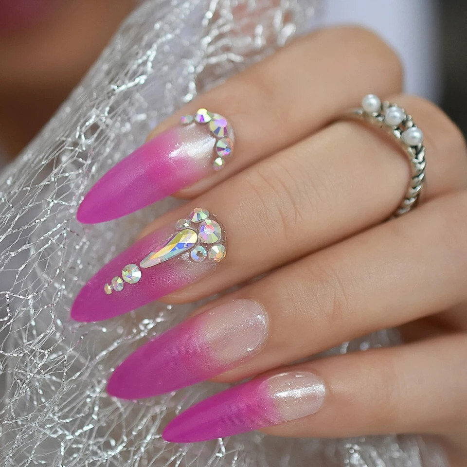 24 Press on nails Kit w Glue Long stiletto ombre fuchsia pink gems india wedding