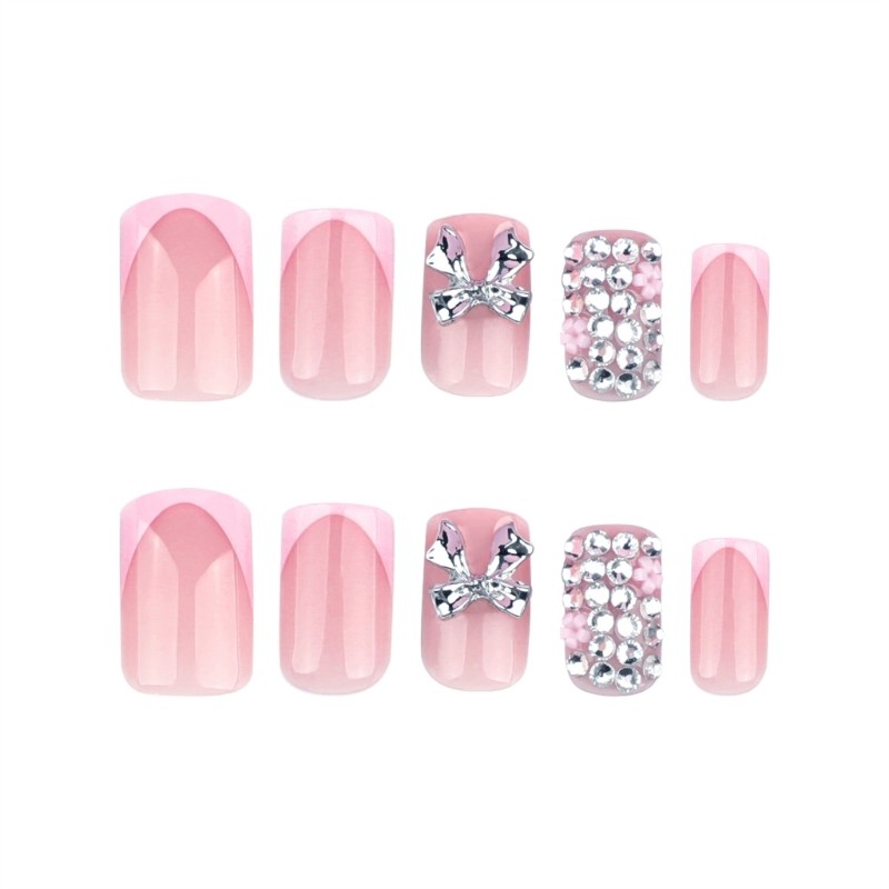 24 Pieces Luxurious Press on Nail Short Square False Nail with 3D Bows Designs