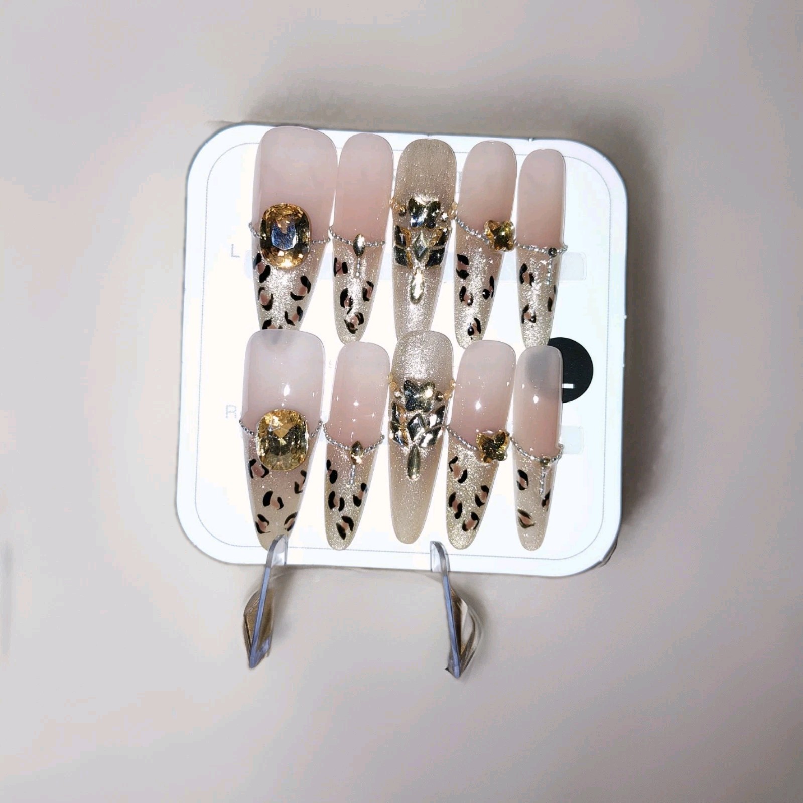 Gold Nude Black Long Coffin 3D Leopard Cat Eye Press-On Nails Full Cover