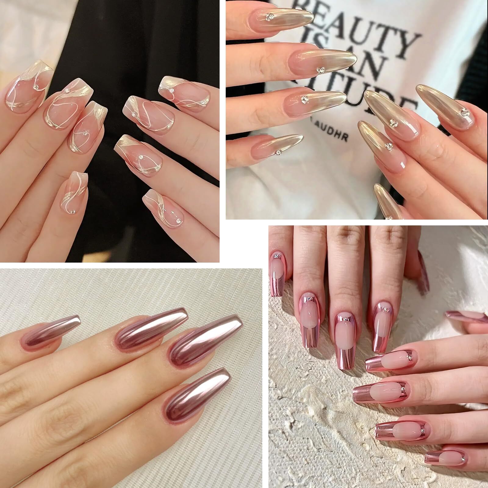 Gold Chrome Nail Powder, DRMODE 6 Colors Metallic Mirror Effect Pink Champagn
