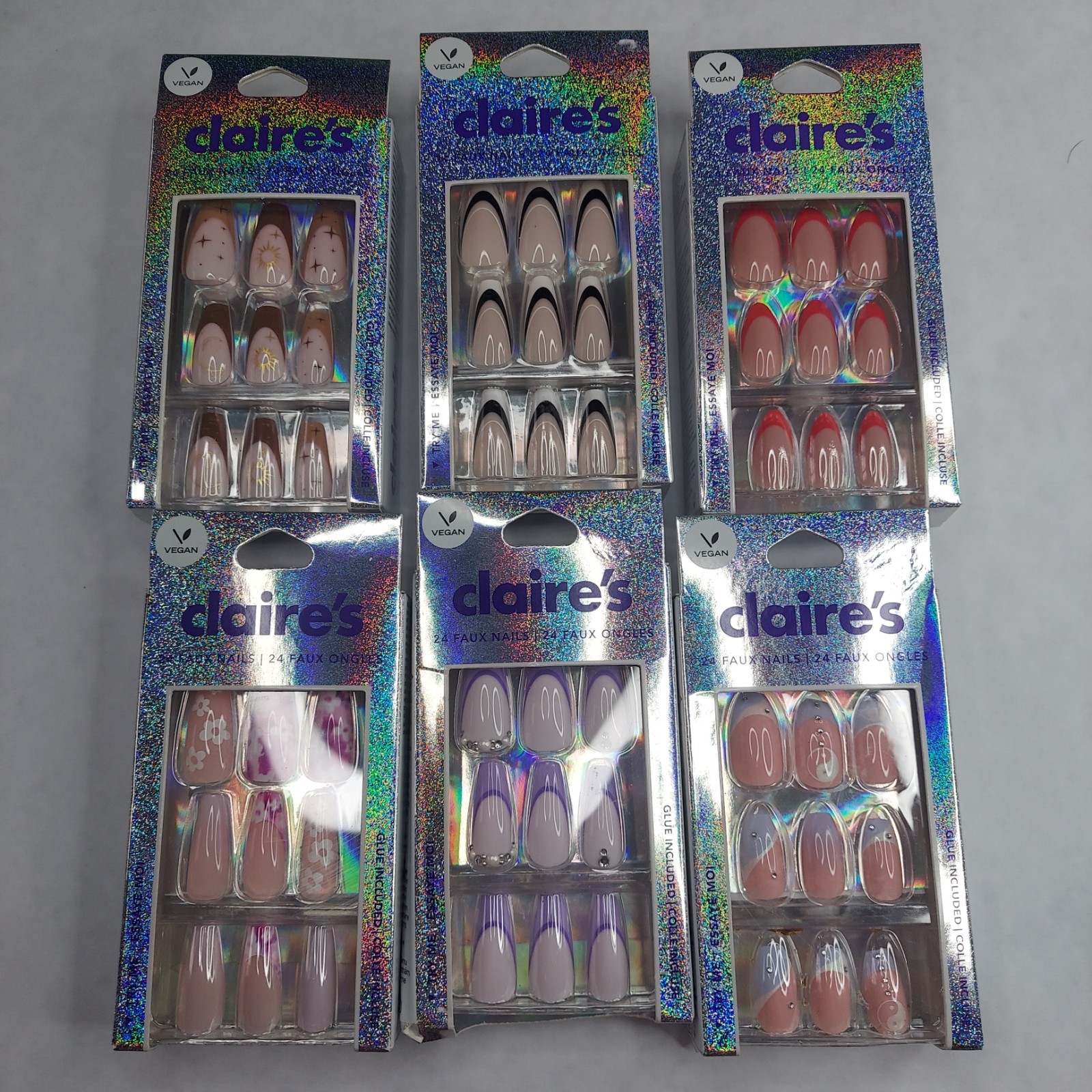 Lot of 6 Claire’s Vegan Press On Nails Sets 24 Faux Nails Each Glue Included New