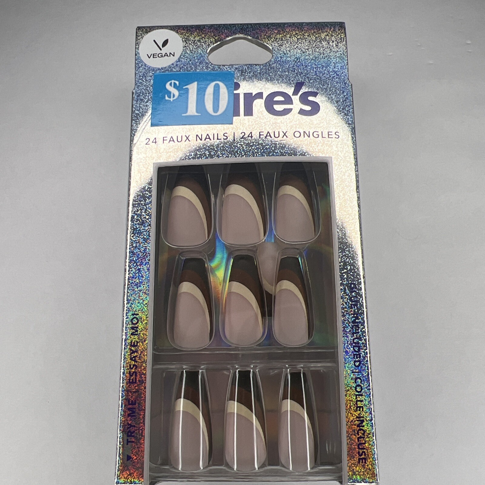 24pc Claire’s Fake False Press On Nails Glue On Vegan Brown Black French Coffin