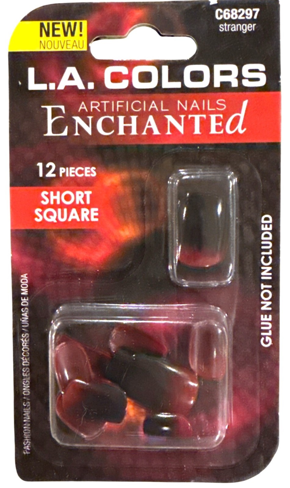 L.A. COLORS Enchanted 12 Nails C68297 STRANGER Medium SQUARE Black+Red OMBRE