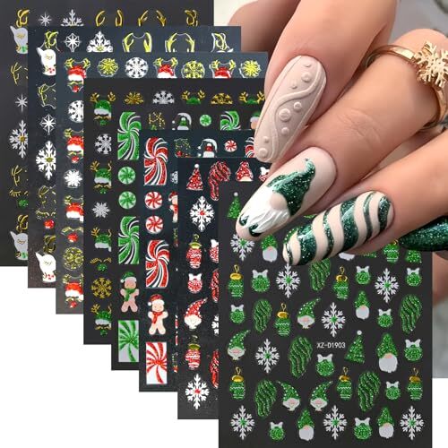 8 Sheets New Year Nail Stickers 3D Self-Adhesive Gingerbread Man snowmen