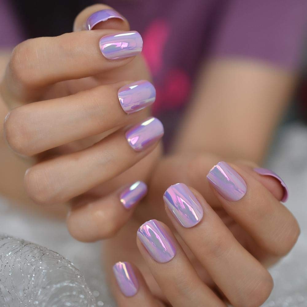 Luxury Holographic Short Square Nails in Pink Purple – 24 Count Gel Tips
