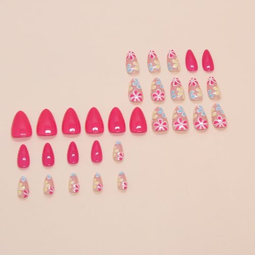 Flower MIXFOSAHN Press on Nails Short Almond Fake Nails Pink Flower Style10