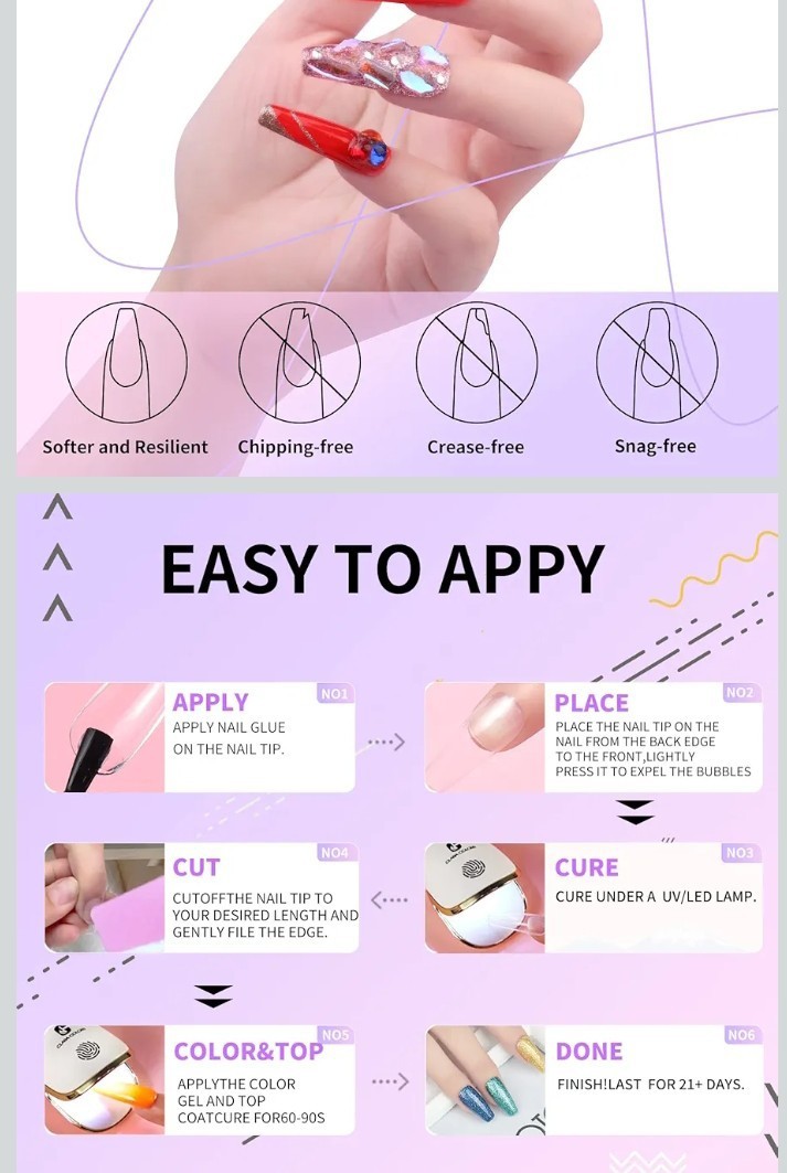 Clara 6pc Coffin Nail Tips , Glue UV Lamp Kit , 550 Nails *Gel Adhesive Exp 2024