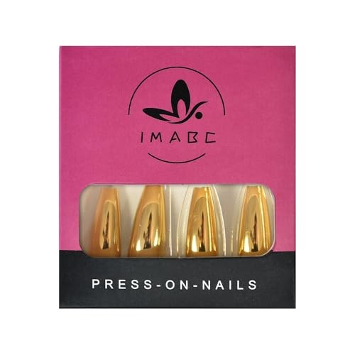 Metal Coffin Fake Nails Extra Long Gold Yellow Chrome Reflective False Press