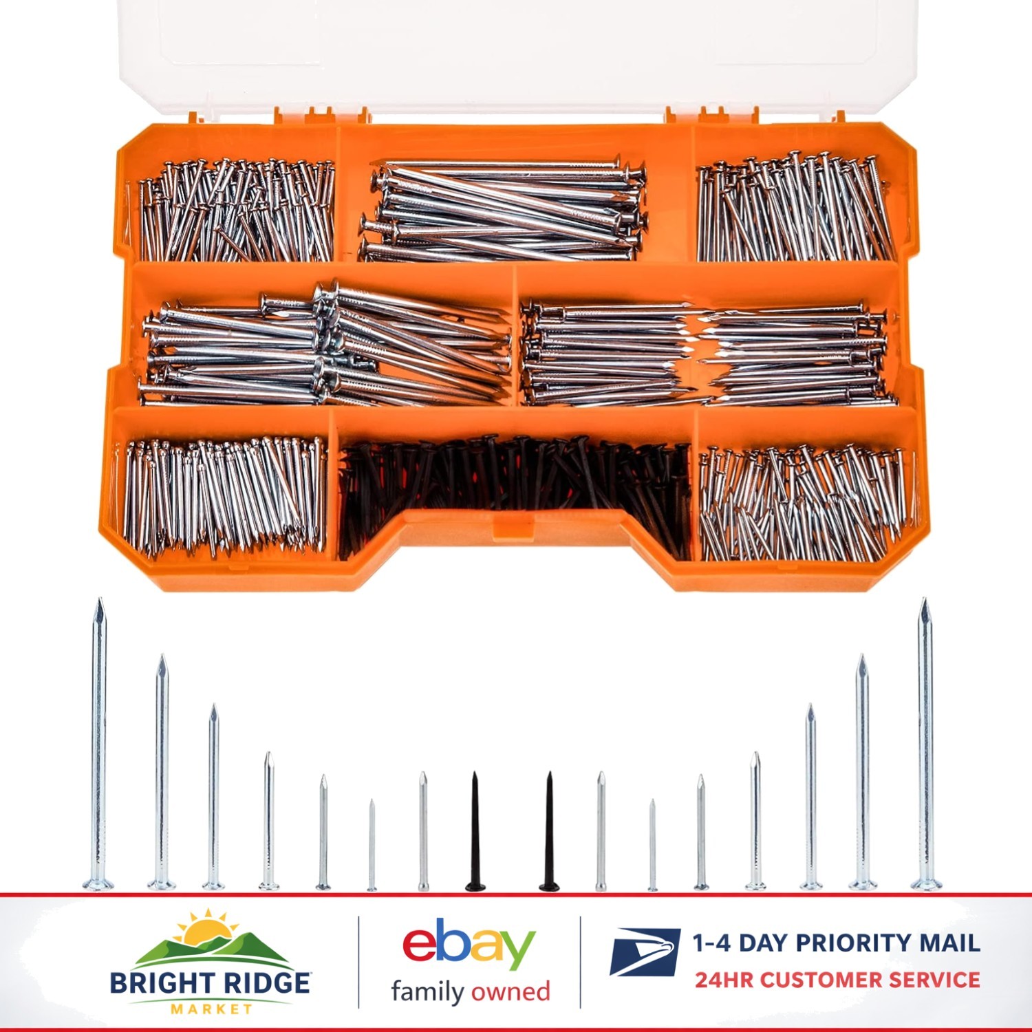 Complete Nail Assortment with 1080 Pieces in Clear Storage Box for Easy Access