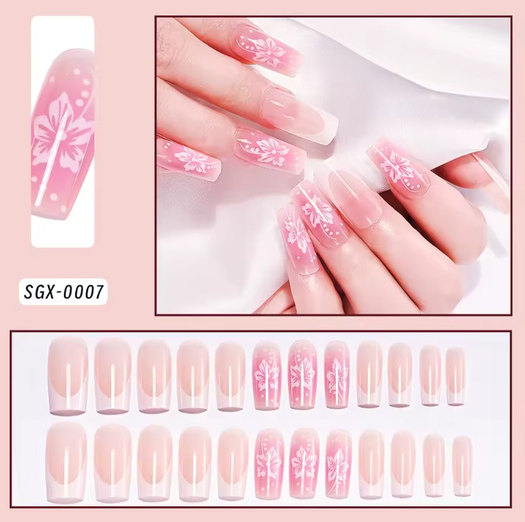 24Pcs Multicolor Floral Round Square Head Acrylic Full Cover Tips Press On Nails